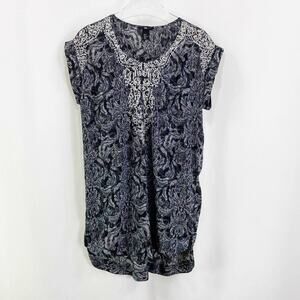 H&M Black White Damask Polyester Rolled Sleeve Shirt Dress